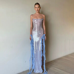 ZARA Sexy Sheer Sequin Long Evening Dress 3D Floral Ruffle Raw Edge Strap Dress